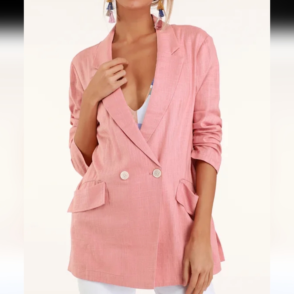 Lulu's Vacay Everyday Blush Pink Woven Blazer Women's XS Barbiecore Romantic